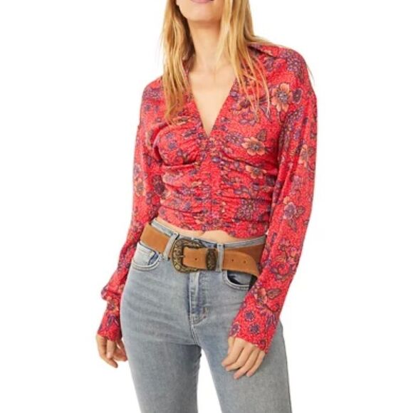 Free People I Got You Printed Floral Ruched Crop Top - Picture 1 of 11